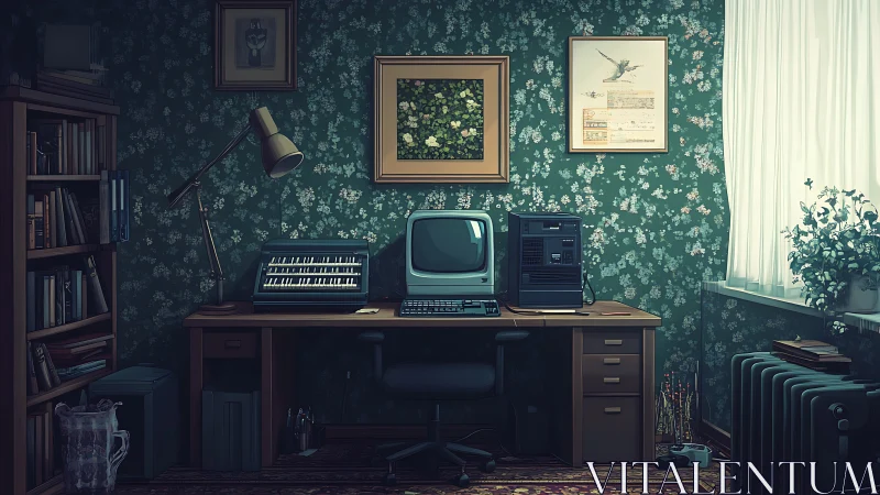 Vintage computer workstation anchors a retro floral home office