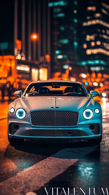 Luxury coupe illuminated against neon urban nightscape