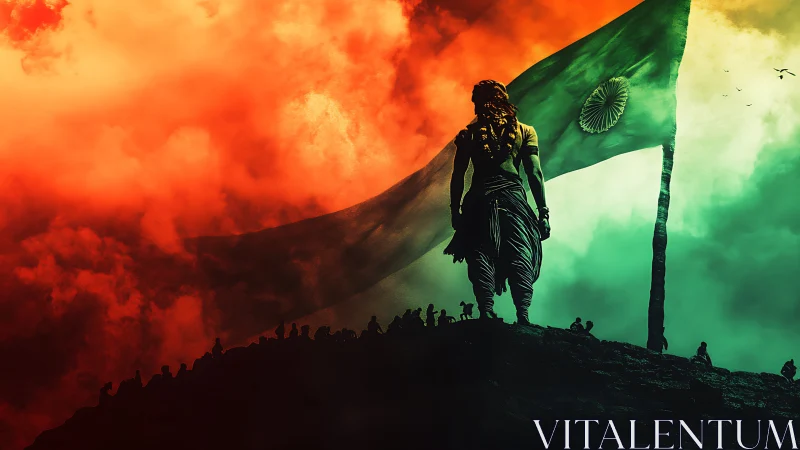 Heroic figure standing proud before glowing Indian flag.