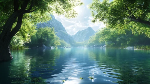 Gentle mountain lake wrapped in bright summer greenery.