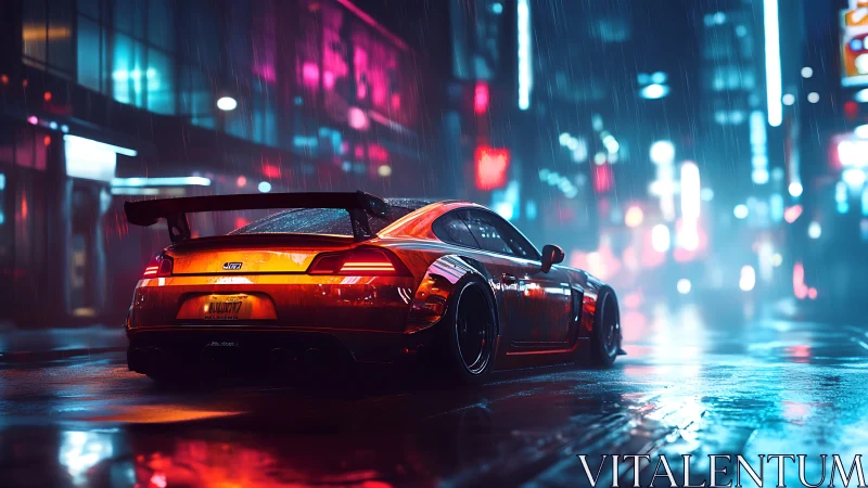 Aerodynamic tuner coupe in neon-saturated rainy streetscape.