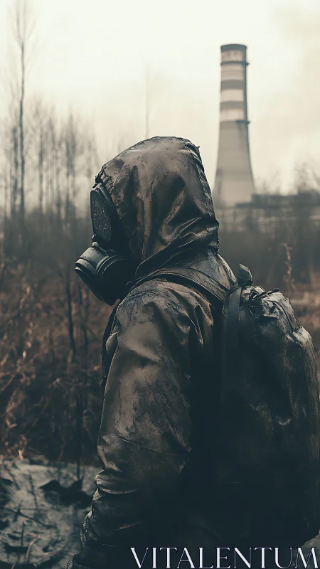 Lone explorer in gas mask studies a distant industrial tower