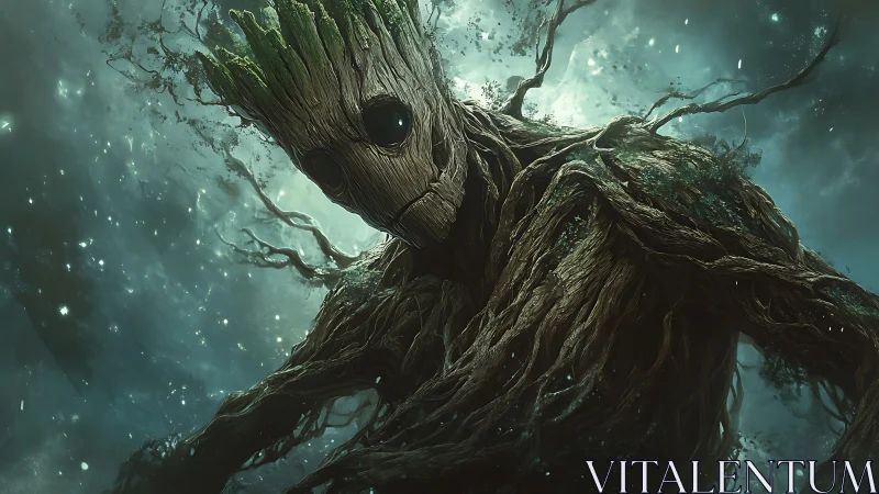 Tree-like humanoid in space with glowing atmospheric haze.