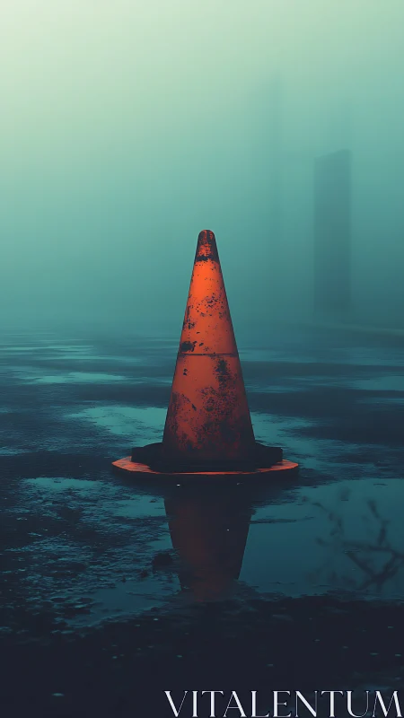 Solitary traffic cone glows on wet asphalt in dense fog