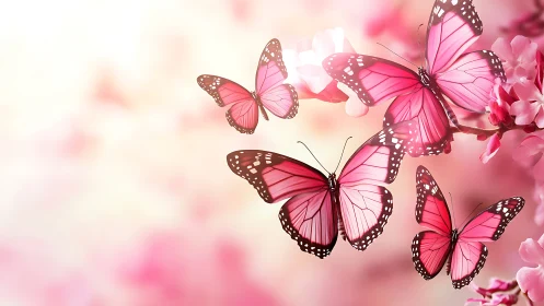 Pink butterflies over soft blossom bokeh background.