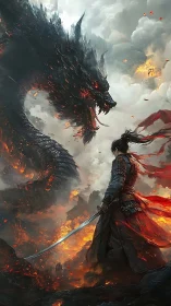 Samurai swordsman confronting volcanic shadow dragon poised.