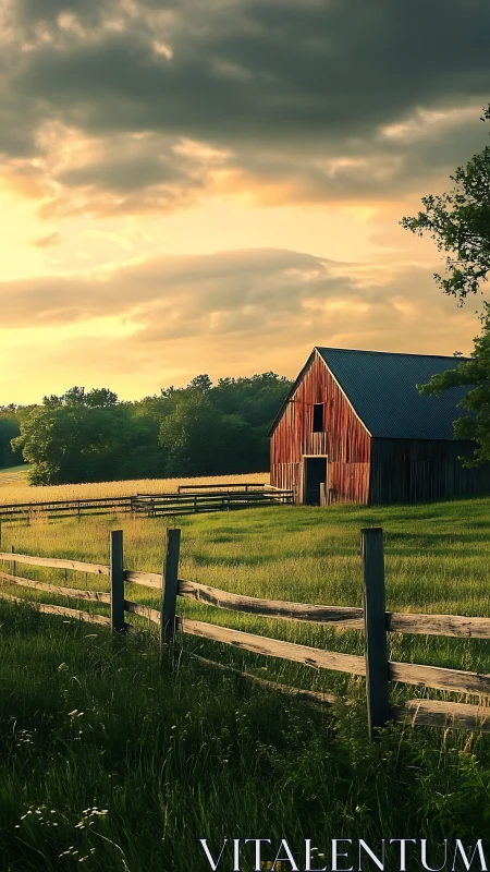 Sunlit rural barn with wooden fence in open pasture.