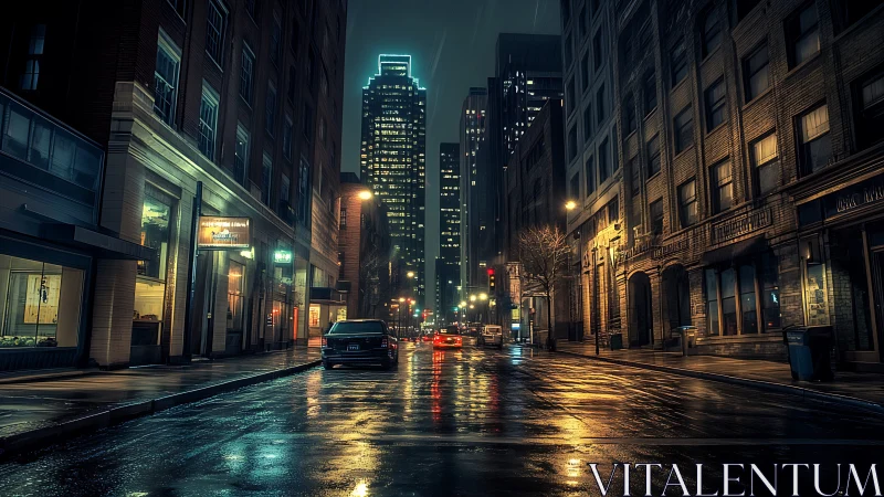 Nocturnal wet street corridor with high-rise luminance grid.