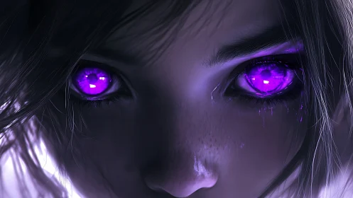 Purple-glowing eyes in intense digital character closeup.