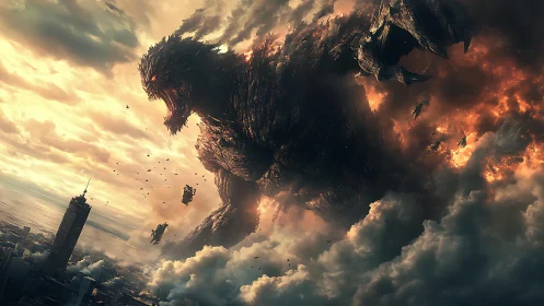 Colossal fire-lit kaiju towers over burning clouded city