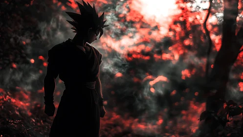 Shadowed anime warrior pauses in a fiery forest glow