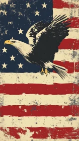Soaring bald eagle dominates distressed American flag design
