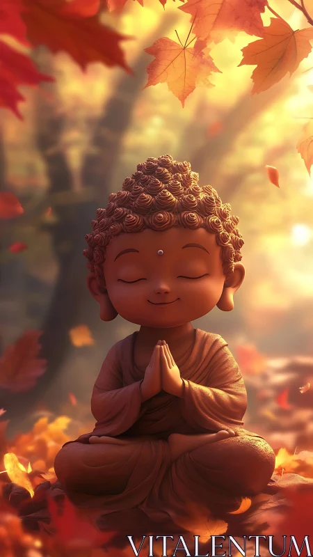 Smiling baby monk meditates softly amid glowing autumn leaves