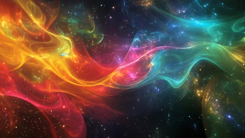 Colorful cosmic ribbons drifting through a starry night sky.