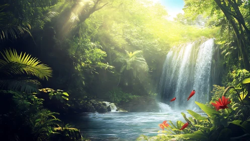 Sunlit jungle waterfall and vibrant red birds in harmony.