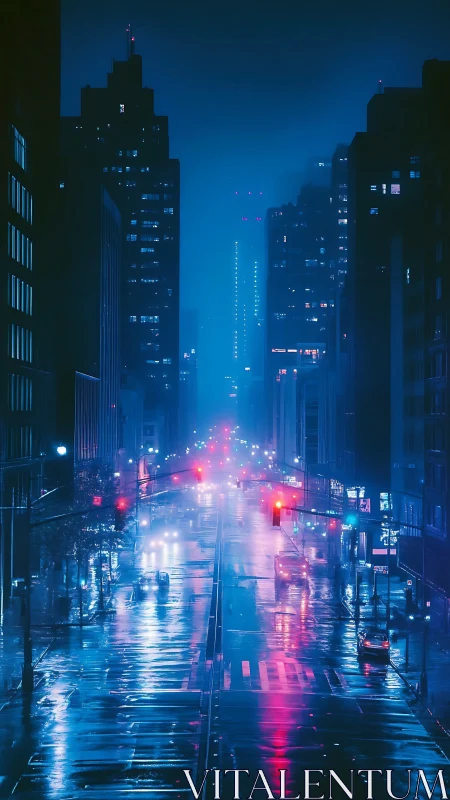 Rainy neon city street under blue night haze and lights.