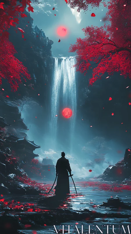 Samurai silhouette before neon waterfall and crimson forest