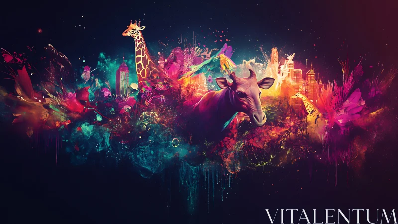 Neon wildlife burst merges urban skyline and jungle color.