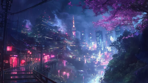 Neon-soaked cyberpunk city glows beneath soft cherry blossoms