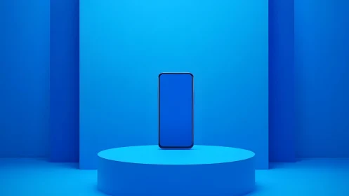 Modern smartphone on blue pedestal in minimalist studio setting.