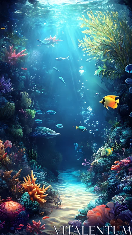 Underwater reef corridor shows fish, corals and light beams