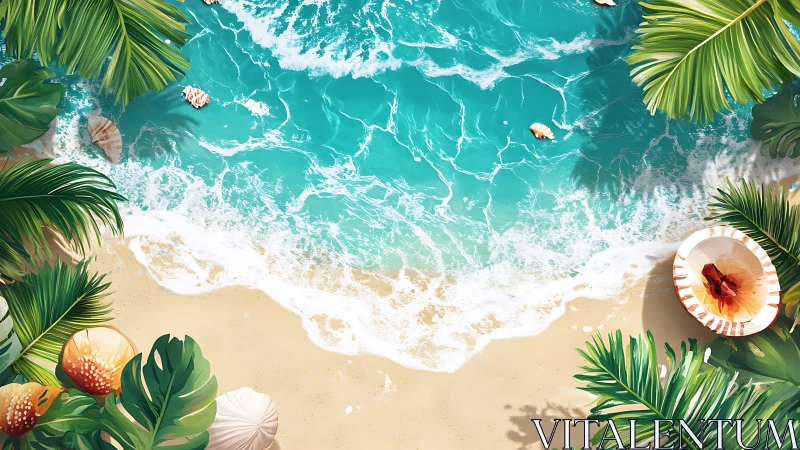 Elevated coastal view with turquoise waters and sandy beach.