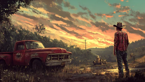 Rural cowboy observing derelict red pickup at luminous sunset.