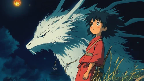 Youth in red robe stands beside large white dragon spirit