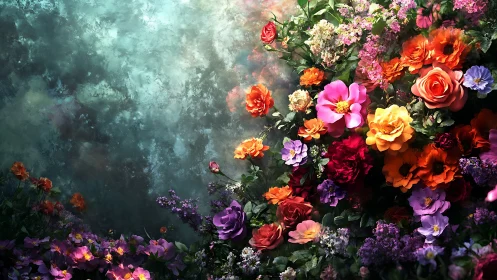 Vibrant Floral Cascade Against Textured Teal and Copper Backdrop.