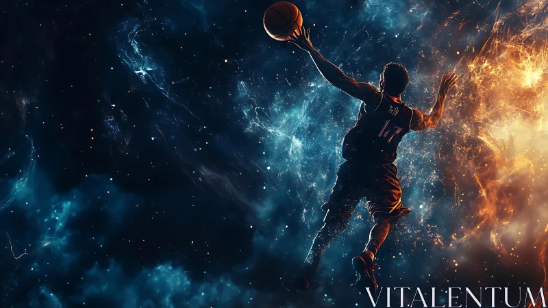 Basketball player silhouette in contrasting cosmic field.