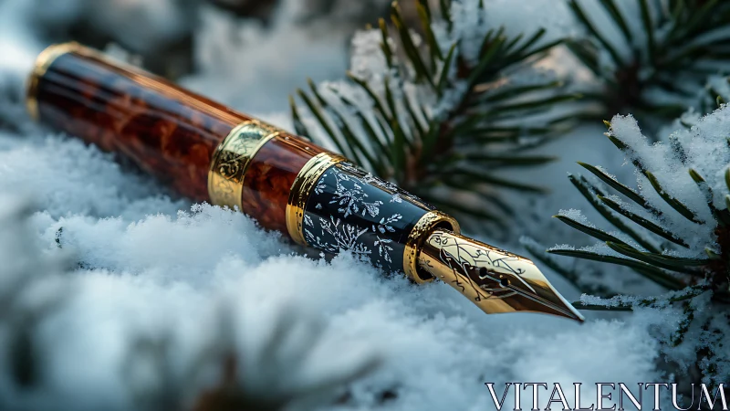 Winter whispers with a gold-trimmed fountain pen in snow.