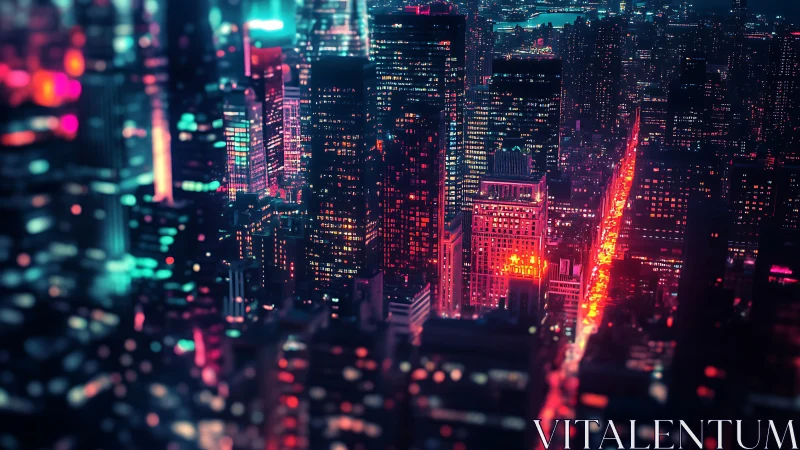 Neon drenched city skyline glows softly in the urban night