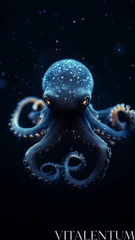 Bioluminescent blue octopus floats in dark ocean water.