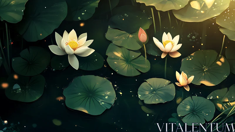 Lotus blossoms glow over dark pond under warm dusk light