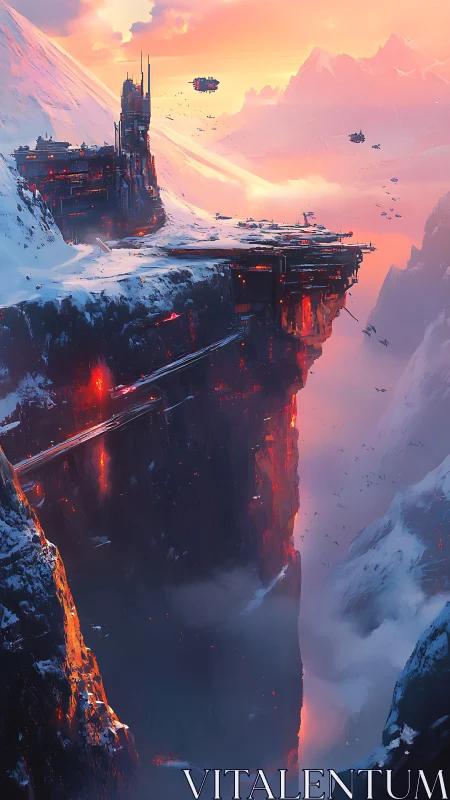 Thermal rift citadel on glaciated canyon edge at sunset.