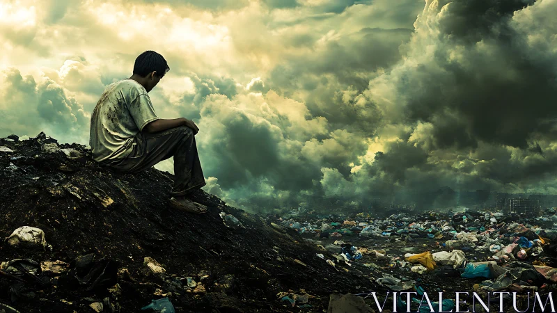Thoughtful boy overlooking a stormy polluted landscape.