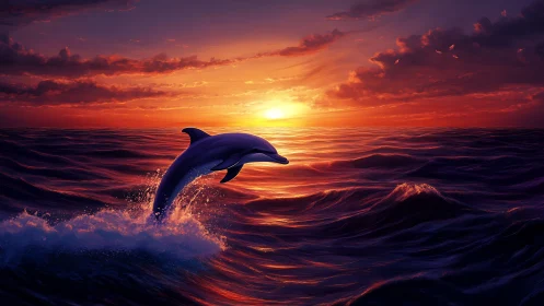 Dolphin breaching through spectrally lit sunset ocean waves.