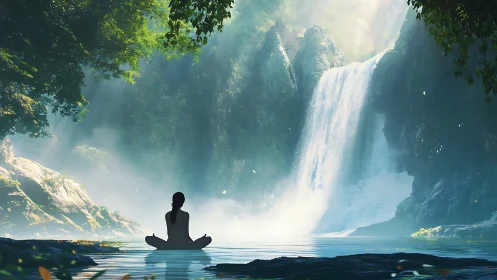 Tranquil meditation by waterfall in lush forest, digital art style.