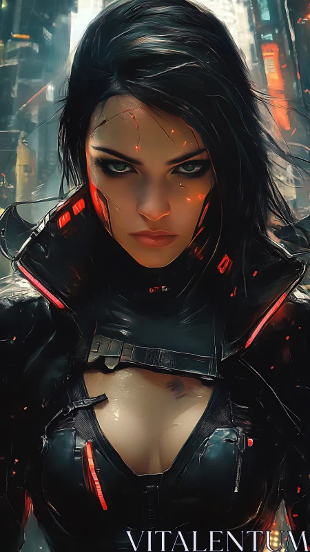 Cybernetic warrior stands defiant in neon drenched megacity