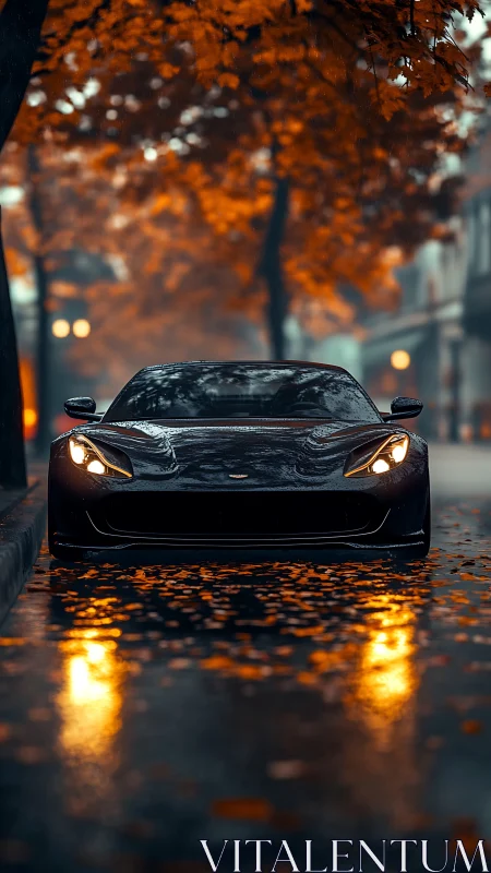 Photorealistic supercar on wet autumn boulevard at dusk.