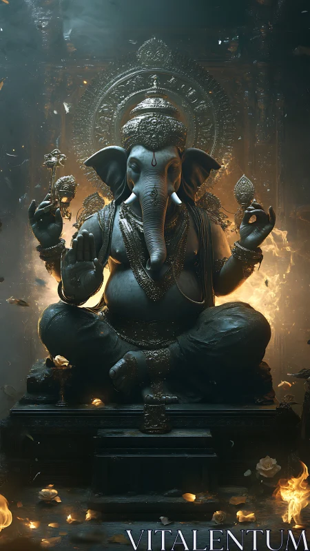 Radiant Ganesha statue amid embers and divine backlight.