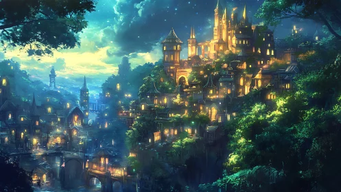 Golden lights glow over a magical hillside city at night
