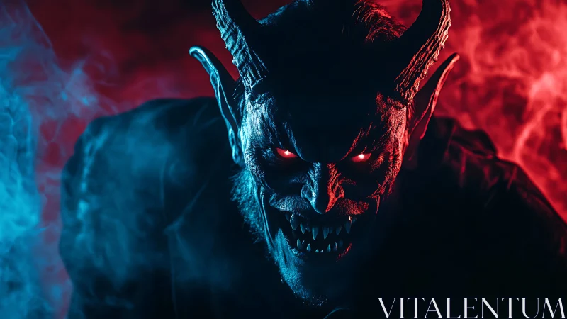 Bipedal horned demon portrait with red eyes in split lighting