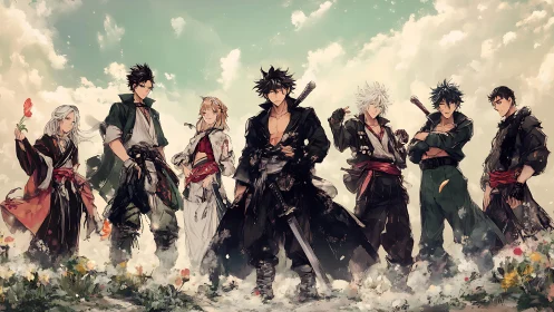 Seven wandering warriors stand united in a gentle dawn sky