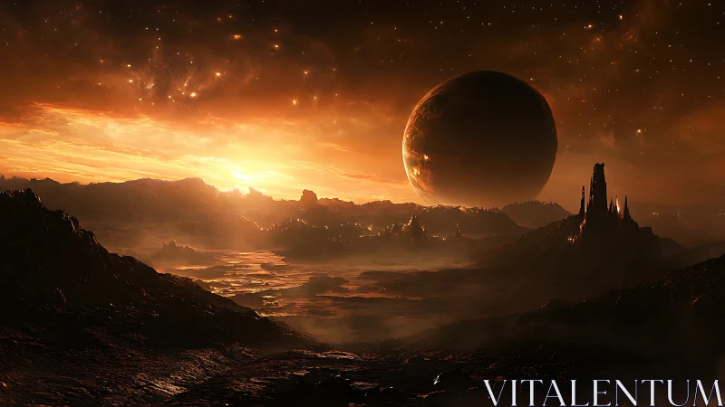 Digital painting of molten exoplanet horizon with eclipsed giant.