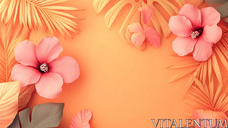 Coral Pink Flowers with Palm Fronds on Orange Background.