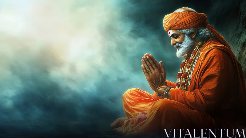 Seated elderly figure in orange robes holds hands in prayer