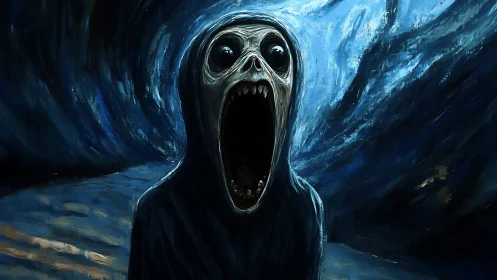 Digital painting of hooded cosmic screamer in dark vortex field.