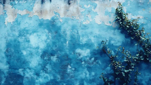 Weathered blue wall with climbing ivy quietly taking hold.