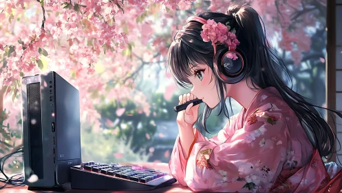 Girl in kimono at desktop PC under pink cherry blossoms.